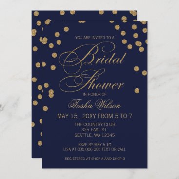 Navy and Gold Glitter  Confetti Bridal Shower Invitation