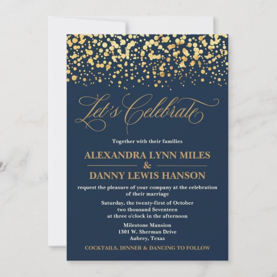 Navy and Gold Glitter Confetti Wedding Invitation | Zazzle.com