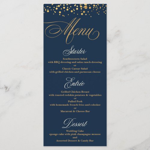 Navy and Gold Glitter Confetti Wedding Menu