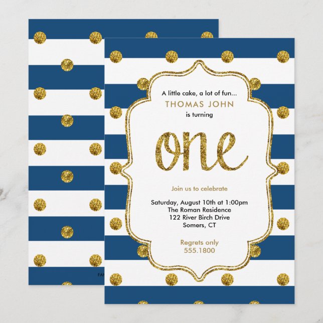 Navy and Gold Glitter First Birthday Invitation (Front/Back)
