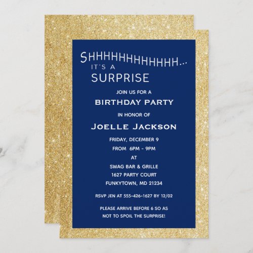 Navy and Gold Glitter Surprise Party Birthday Invitation