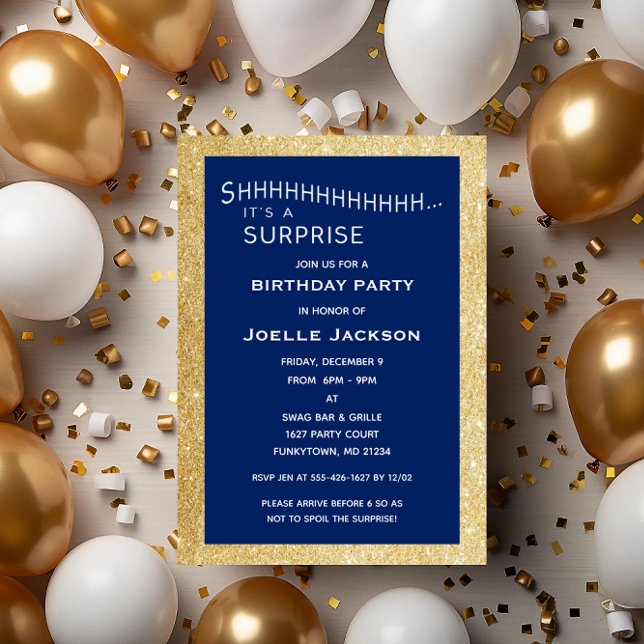 Navy and Gold Glitter Surprise Party Birthday Invitation (Creator Uploaded)