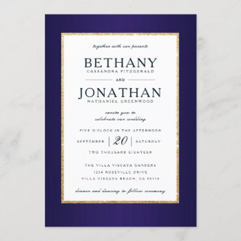 Navy And Gold Glitter Wedding Invitation by party_depot at Zazzle