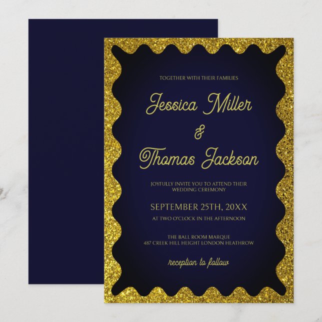 Navy and Gold Glitters Wavy Opulent Wedding Invitation (Front/Back)