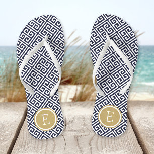 Navy and Gold Greek Key Monogram Flip Flops