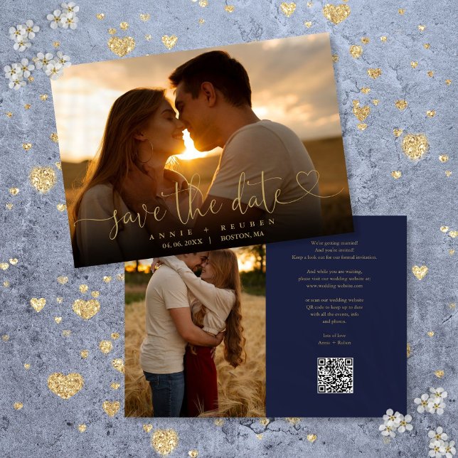 Navy And Gold Heart Script Photo Wedding QR Code Save The Date (Navy And Gold Heart Script Photo Wedding QR Code Save The Date)