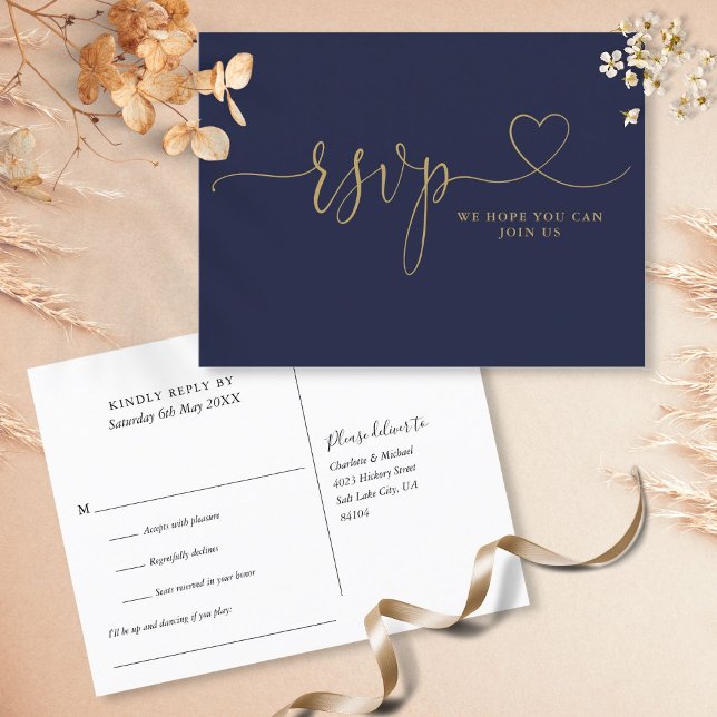 Navy And Gold Heart Script Song Request RSVP Card (Creator Uploaded)