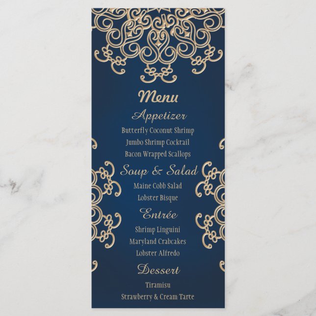 Navy and Gold Indian Style Wedding Menu Card (Front)