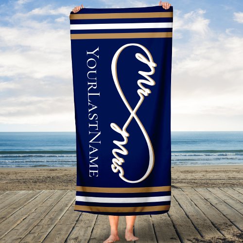 Navy and Gold Infinity Stripes Mr  Mrs Beach Towel