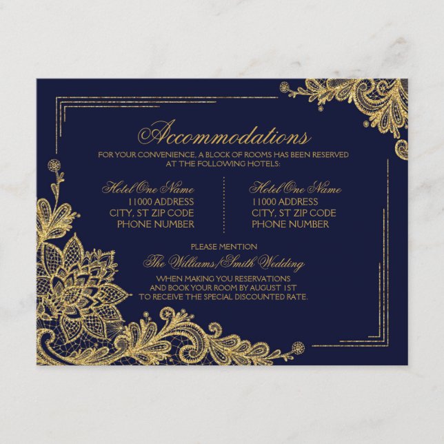 Navy and Gold Lace Accommodations Details Card (Front)