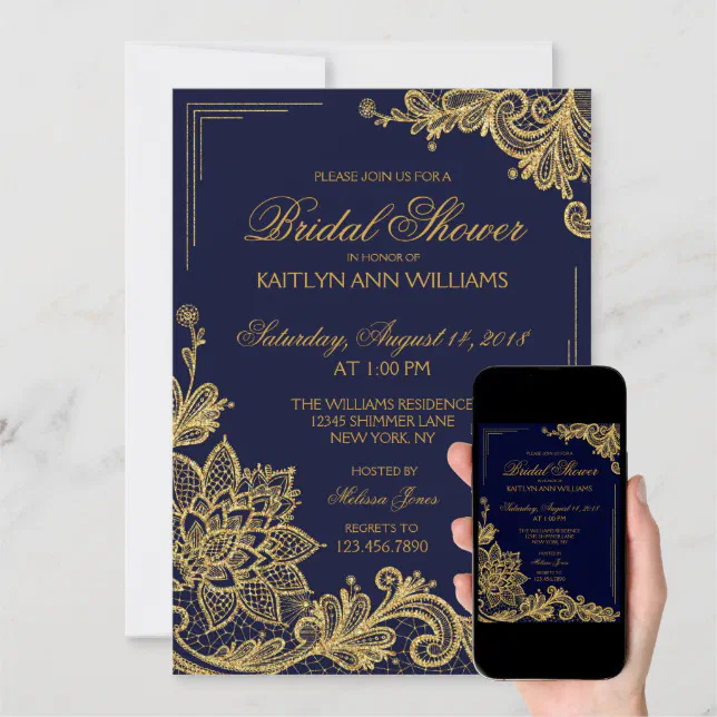 Navy And Gold Lace Bridal Shower Invitation Card Zazzle