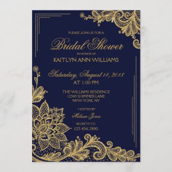 Navy And Gold Lace Bridal Shower Invitation Card by NouDesigns at Zazzle