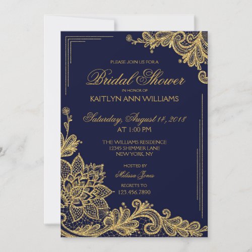 Navy and Gold Lace Bridal Shower Invitation Card