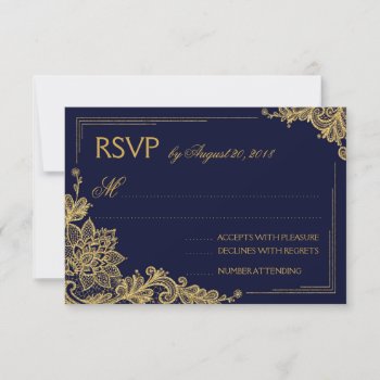 Navy And Gold Lace Elegant Rsvp Card by NouDesigns at Zazzle