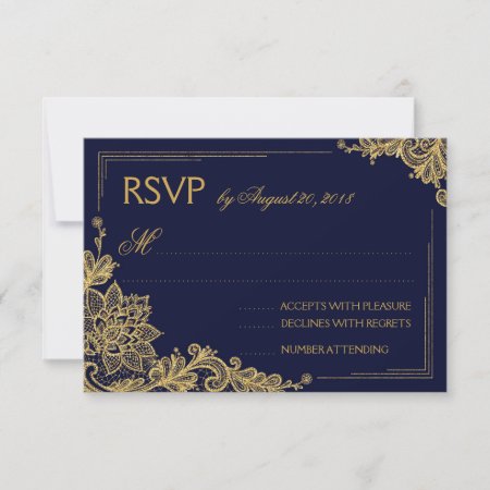 Navy And Gold Lace Elegant Rsvp Card