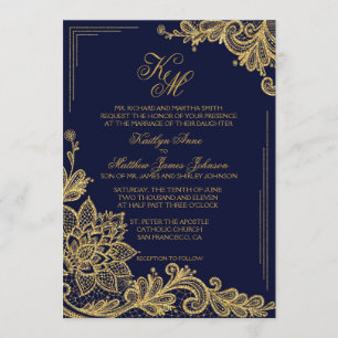 Navy and Gold Lace Wedding Invitation Card