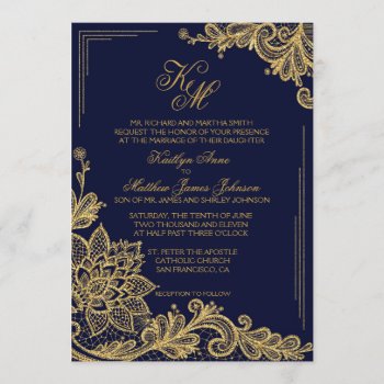 Navy And Gold Lace Wedding Invitation Card by NouDesigns at Zazzle
