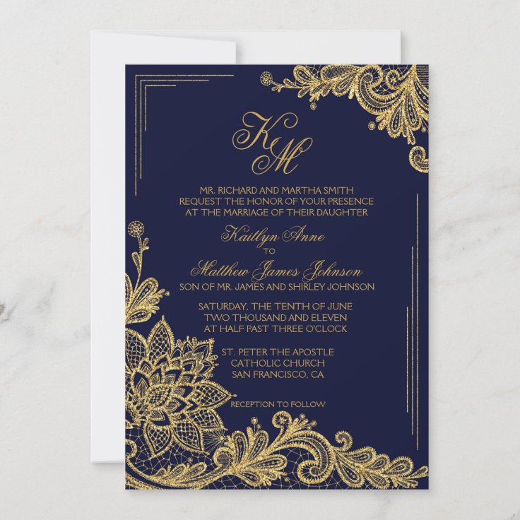 Navy and Gold Lace Wedding Invitation Card | Zazzle