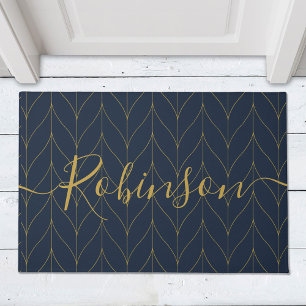 Navy and Gold Leaves Family Name Doormat