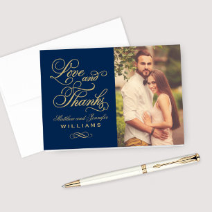 Navy and Gold Love and Thanks Wedding Letterpress Thank You Card