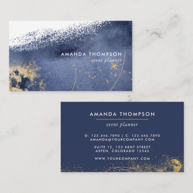 Navy and Gold Lunar Brush Strokes Business Card (Front/Back)