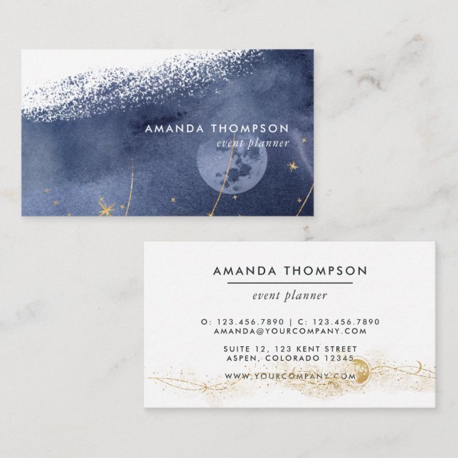 Navy and Gold Lunar Brush Strokes Business Card (Front/Back)