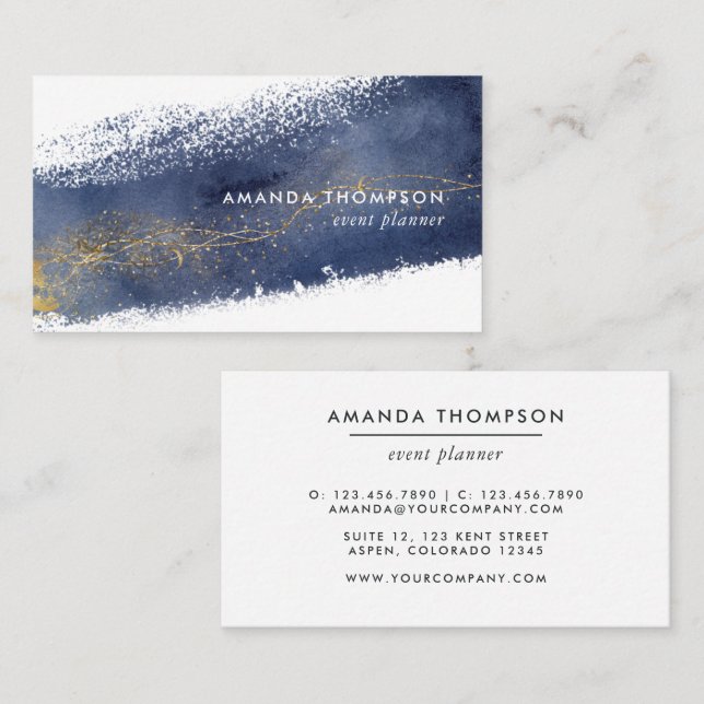 Navy and Gold Lunar Brush Strokes Business Card (Front/Back)