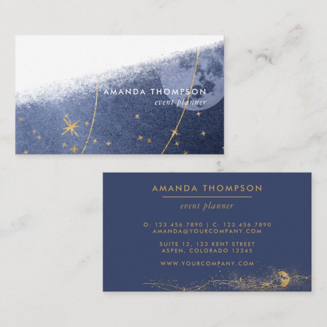 Navy and Gold Lunar Brush Strokes Business Card (Front/Back)