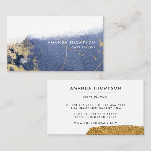 Navy and Gold Lunar Brush Strokes Business Card (Front/Back)