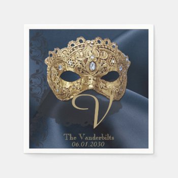 Navy And Gold Masquerade Monogram Napkin by NoteableExpressions at Zazzle