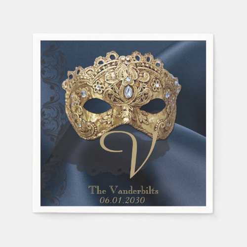 Navy and Gold Masquerade Monogram Napkin