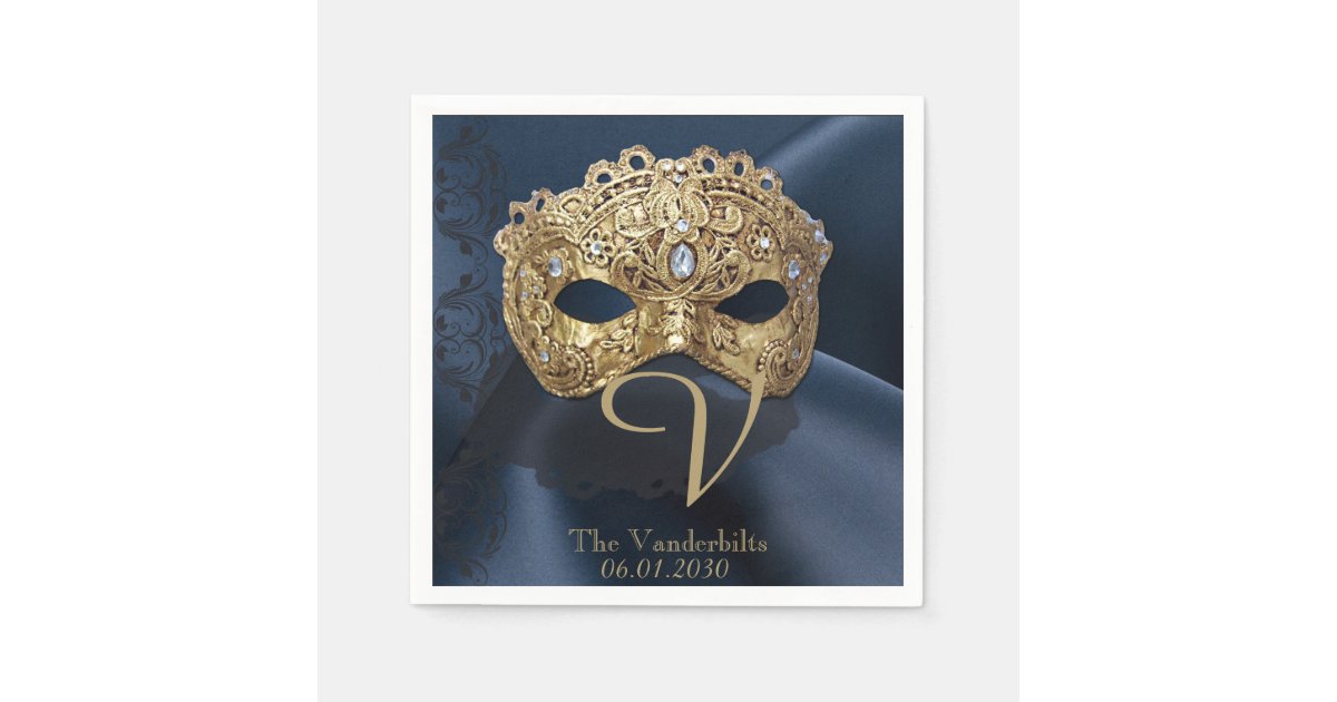 Navy and Gold Masquerade Monogram Napkin | Zazzle