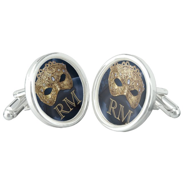 Navy and Gold Masquerade Monogram Wedding Cufflinks (Angled)