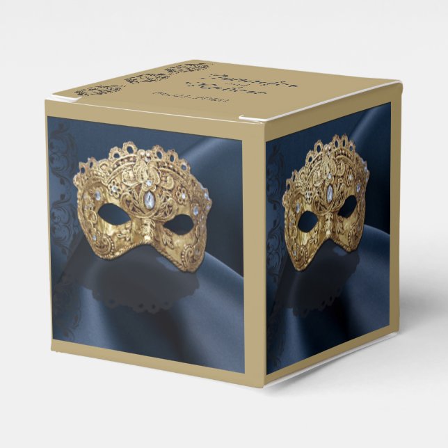 Navy and Gold Masquerade Wedding Favor Box (Front Side)
