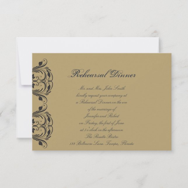 Navy and Gold Masquerade Wedding Rehearsal Dinner Invitation (Front)