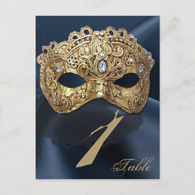 Navy and Gold Masquerade Wedding Table Number (Front)