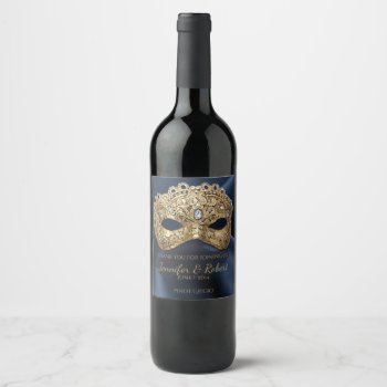 Navy And Gold Masquerade Wedding Wine Label by NoteableExpressions at Zazzle