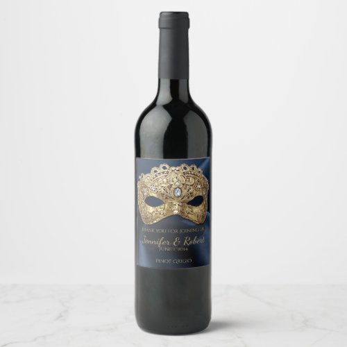 Navy and Gold Masquerade Wedding Wine Label