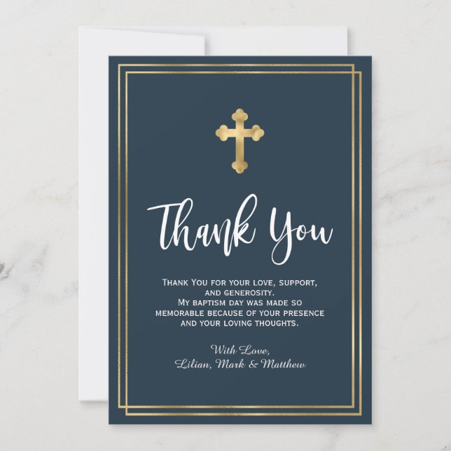Navy and Gold Modern Blue Baptism Photo Thank You Card (Front)
