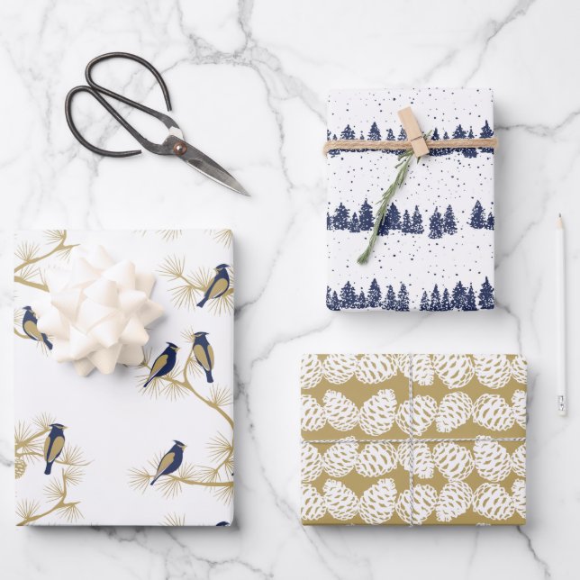 Navy And Gold Modern Red Cardinal Christmas Wrapping Paper Sheets (Front)