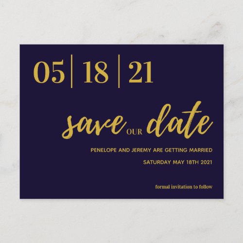 navy and gold modern script save the date postcard