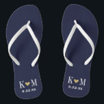 Navy and Gold Modern Wedding Monogram Flip Flops<br><div class="desc">Custom printed flip flop sandals personalized with a cute heart and your monogram initials and wedding date. Click Customize It to change text fonts and colors or add your own images to create a unique one of a kind design!</div>