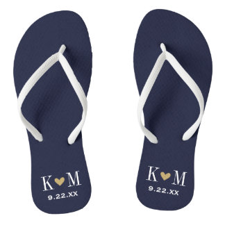 Navy and Gold Modern Wedding Monogram Flip Flops