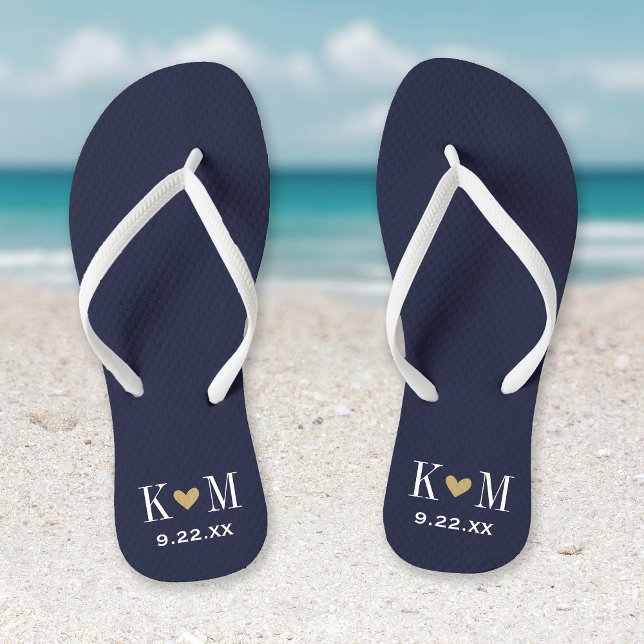 Navy and Gold Modern Wedding Monogram Flip Flops (Creator Uploaded)