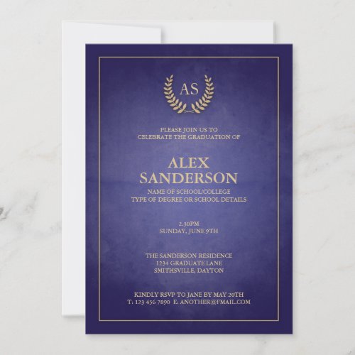 Navy and Gold MonogramLaurel Wreath Graduation Invitation