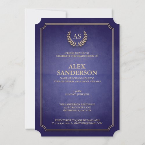 Navy and Gold MonogramLaurel Wreath Graduation Invitation