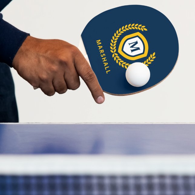Navy and Gold Monogram Logo Crest Ping Pong Paddle (Insitu)