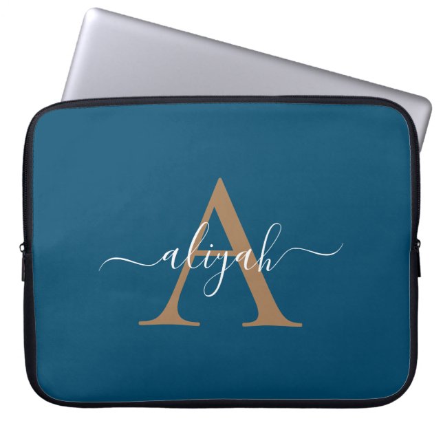 Navy And Gold Monogram Script Name Laptop Sleeve (Front)