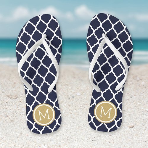 Navy and Gold Moroccan Quatrefoil Monogram Flip Flops