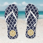Navy and Gold Moroccan Quatrefoil Monogram Flip Flops<br><div class="desc">Custom printed flip flop sandals with a stylish Moroccan quatrefoil pattern and your custom monogram or other text in a circle frame. Click Customize It to change text fonts and colors or add your own images to create a unique one of a kind design!</div>